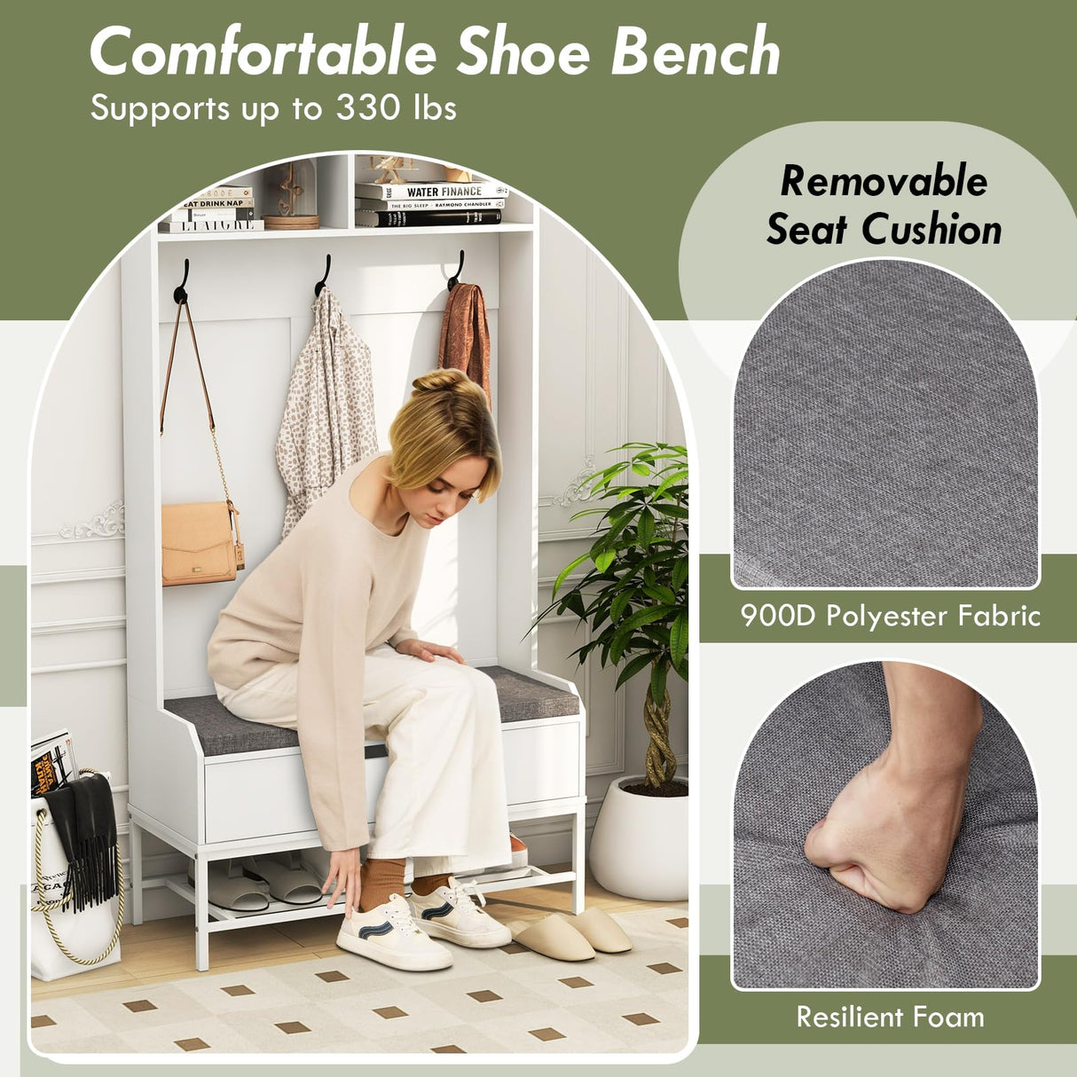 Tangkula 69 Inches Hall Tree, 4-in-1 Coat Rack with Bench and Shoe Storage, Seat Cushion, Open Compartments, Hooks, Lift-top Storage, Entryway Bench with Anti-toppling Devices (White) Tangkula