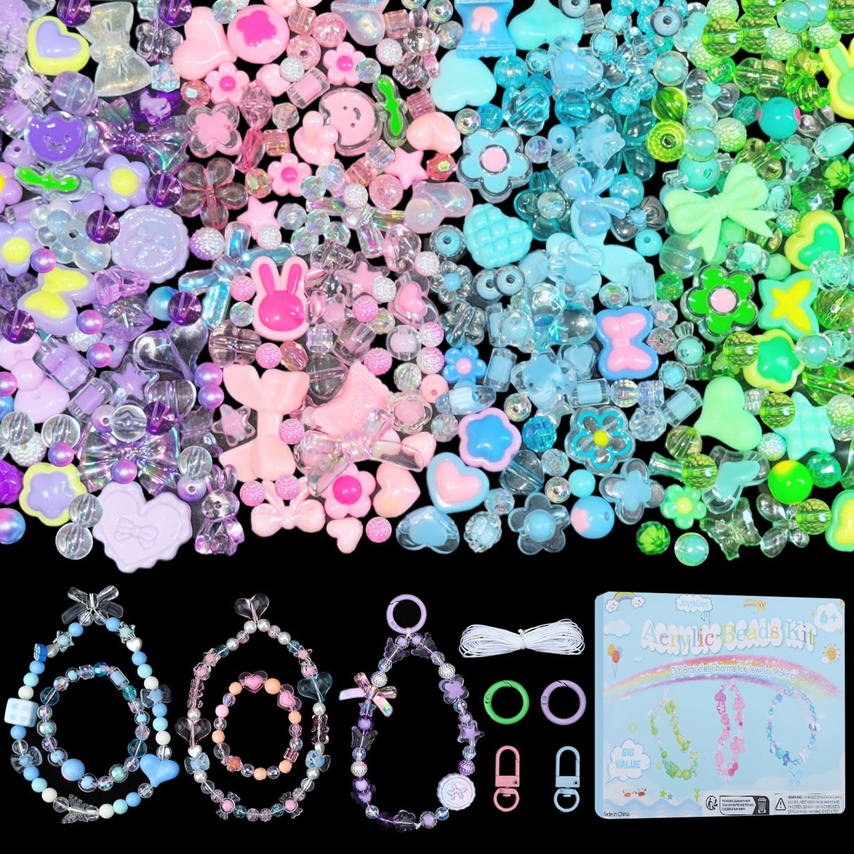 JoyJellies Assorted Beads Bracelet Making Kit, 260+Pcs Charms Keychain Making Kit with String Key Ring Clips Cute Bow Heart Acrylic Beads for Bracelets DIY Arts and Crafts Girls Jewelry Making JoyJellies