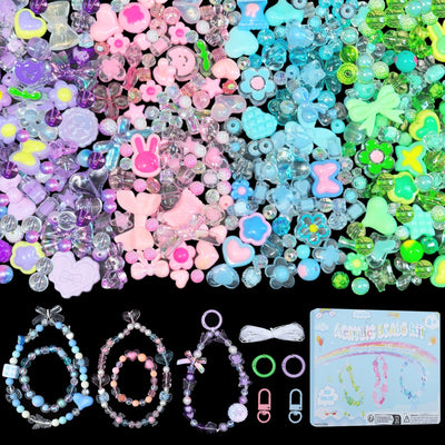 JoyJellies Assorted Beads Bracelet Making Kit, 260+Pcs Charms Keychain Making Kit with String Key Ring Clips Cute Bow Heart Acrylic Beads for Bracelets DIY Arts and Crafts Girls Jewelry Making