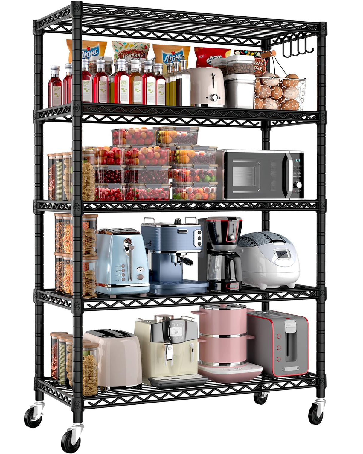 PrimeZone 74''H Wire Shelving 1250lbs 5 Tier Storage Shelves with Wheels NSF Certified Heavy Duty Steel Metal Shelf Adjustable Rolling Rack Kitchen Garage Closet Pantry Laundry 74''HX36''WX14''D PrimeZone