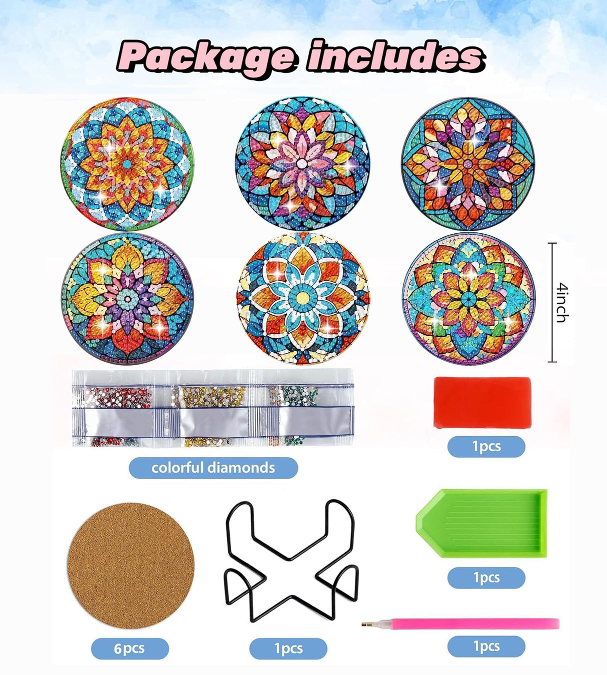 Puraikcmi 6pcs DIY Mandala Diamond Art Painting Kits Coasters with Holder, Diamond Art Coasters Adults Beginners, Flower Diamond Art Crafts Supplies Puraikcmi