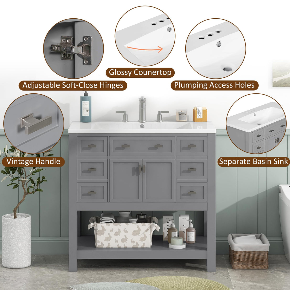 Merax 36'' Bathroom Vanity with Single Sink Combo, Modern Bathroom Sink Cabinet with 2 Soft Closing Doors & 6 Drawers & Opening Shelf, Solid Wood Frame Bathroom Vanities (Grey) Merax