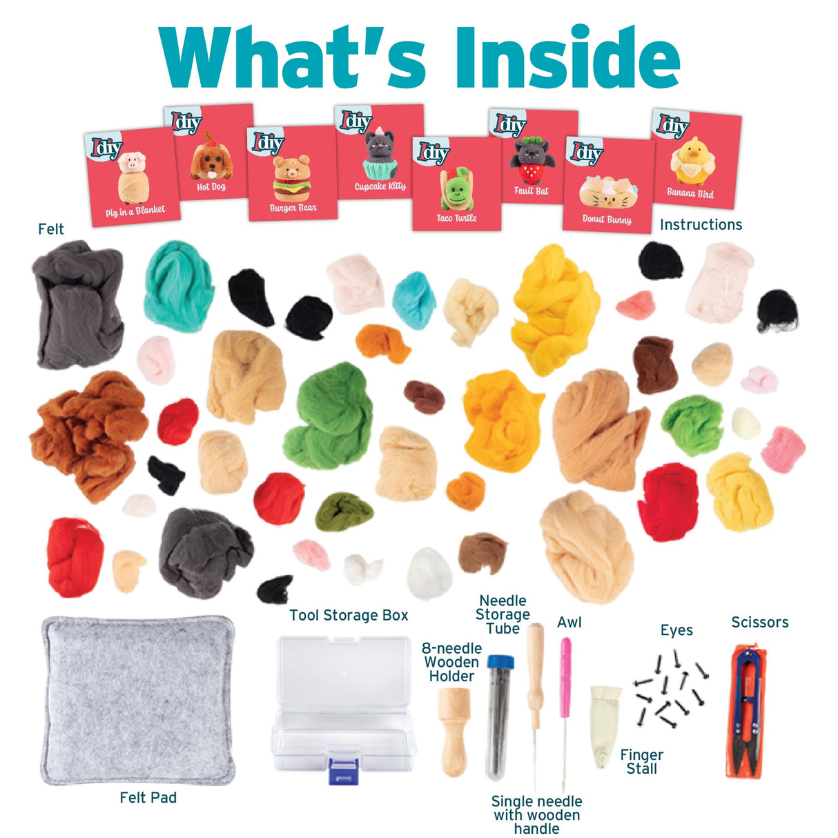 DIY Needle Felting Kit w Case- Animal Foodie Friends- Make 8 Adorable Designs- Starter Kit Includes Mat, Wool Felt Tools, Needles, Instructions- Homemade Arts & Crafts Gift, Kids & Teen Party Activity Idiy