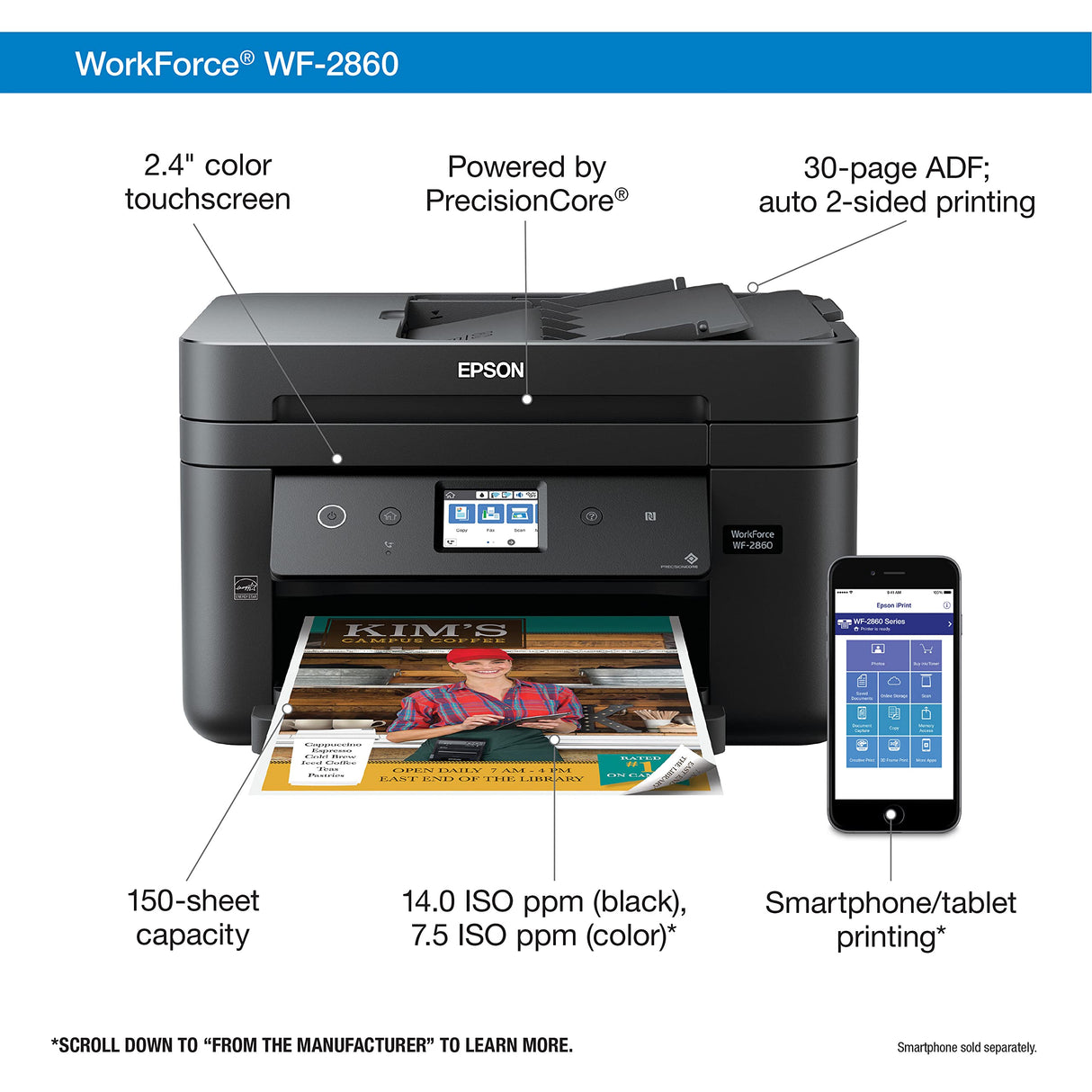 Epson Workforce WF-2860 All-in-One Wireless Color Inkjet Printer, Black - Print Scan Copy Fax - Ethernet NFC Auto 2-Sided Borderless Printing, 14 ppm, 4800 x 1200 dpi, 30-Sheet ADF, Voice Activated Epson