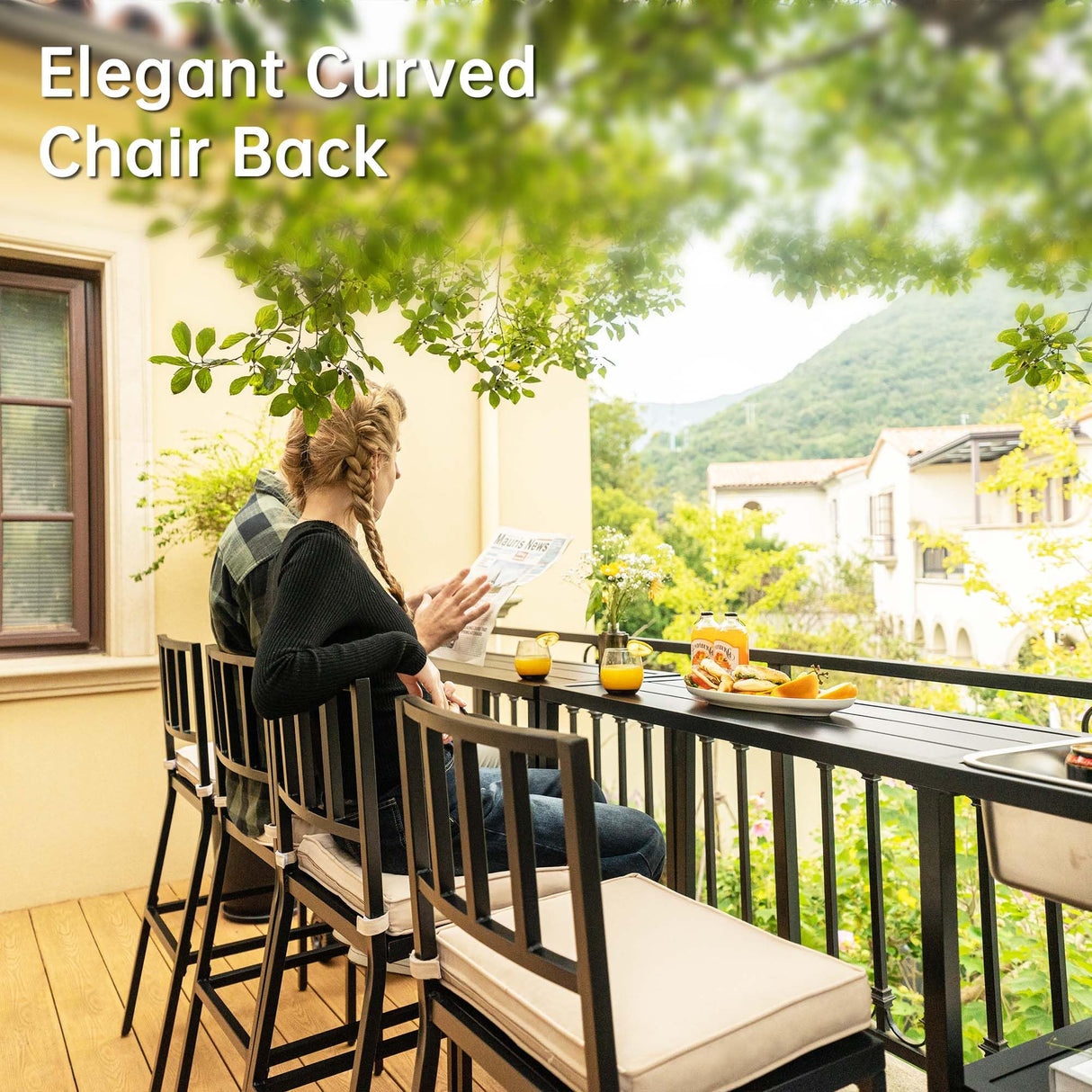 PIZZELLO 6 Piece Outdoor Patio Bar Set, 2 PCS 47" Rectangular Counter Height High Top Bar Tables with Wheels, 4 Cushioned Bar Stools, Metal Bar Table and Chairs Set for Balcony, Backyard, Porch PIZZELLO