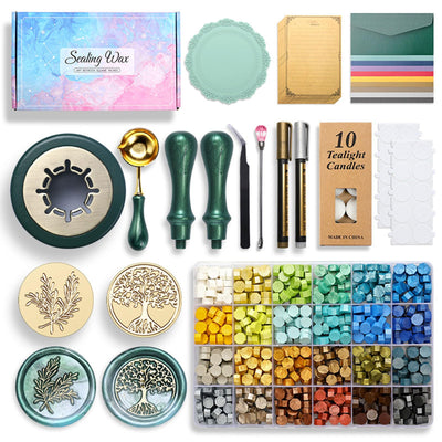 Wax Seal Stamp Kit, 24 Colors and 600 Pcs Beads with Gift Box, Sealing Wax Warmer, Stamp, Spoon and Metallic Pen, for Spring Gift and Decoration (Green Series)