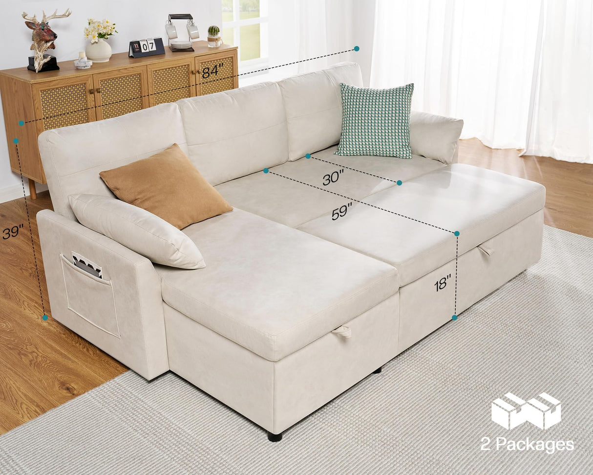 VanAcc Sleeper Sofa, Sofa Bed- 2 in 1 Pull Out Couch Bed with Storage Chaise, Sofa Sleeper Couch for Living Room, Off-White Leathaire Sofa VanAcc