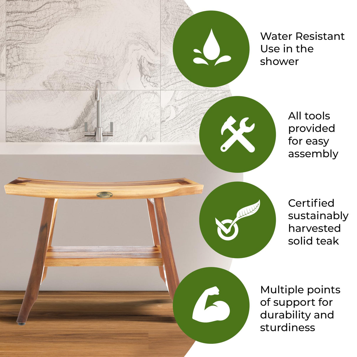 EcoDecors, 24 inch, Brown, Teak Shower Bench, Teak Bench Shower, Teak Shower Bench for Inside Shower, Teak Bathroom Bench, Teak Wood Shower Bench EcoDecors