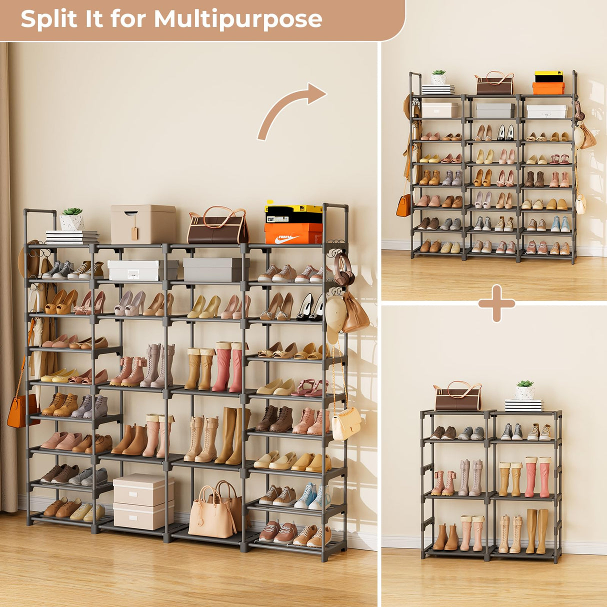 ROJASOP Large Shoe Rack Organizer for Entryway Closet 64-68 Pairs 9-Tier Heavy Duty Tall Garage Shoe Rack Shoe Shelf Shoes Storage with 18 Pcs Removable Side Hooks for Bedroom and Garage Grey ROJASOP