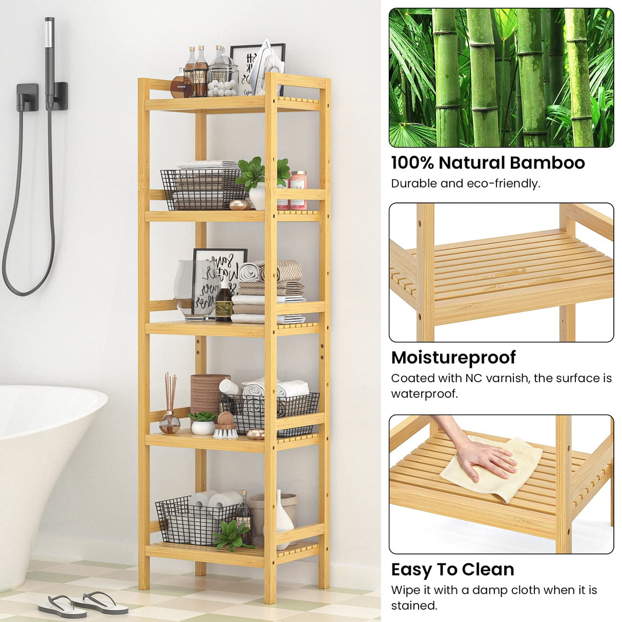 Homykic Bamboo Bookshelf, 5-Tier Narrow 55.9” Adjustable Book Shelf Bookcase Bathroom Shelves Freestanding Storage Stand for Living Room, Bedroom, Kitchen, Rust Resistance, Easy Assembly, Natural Homykic