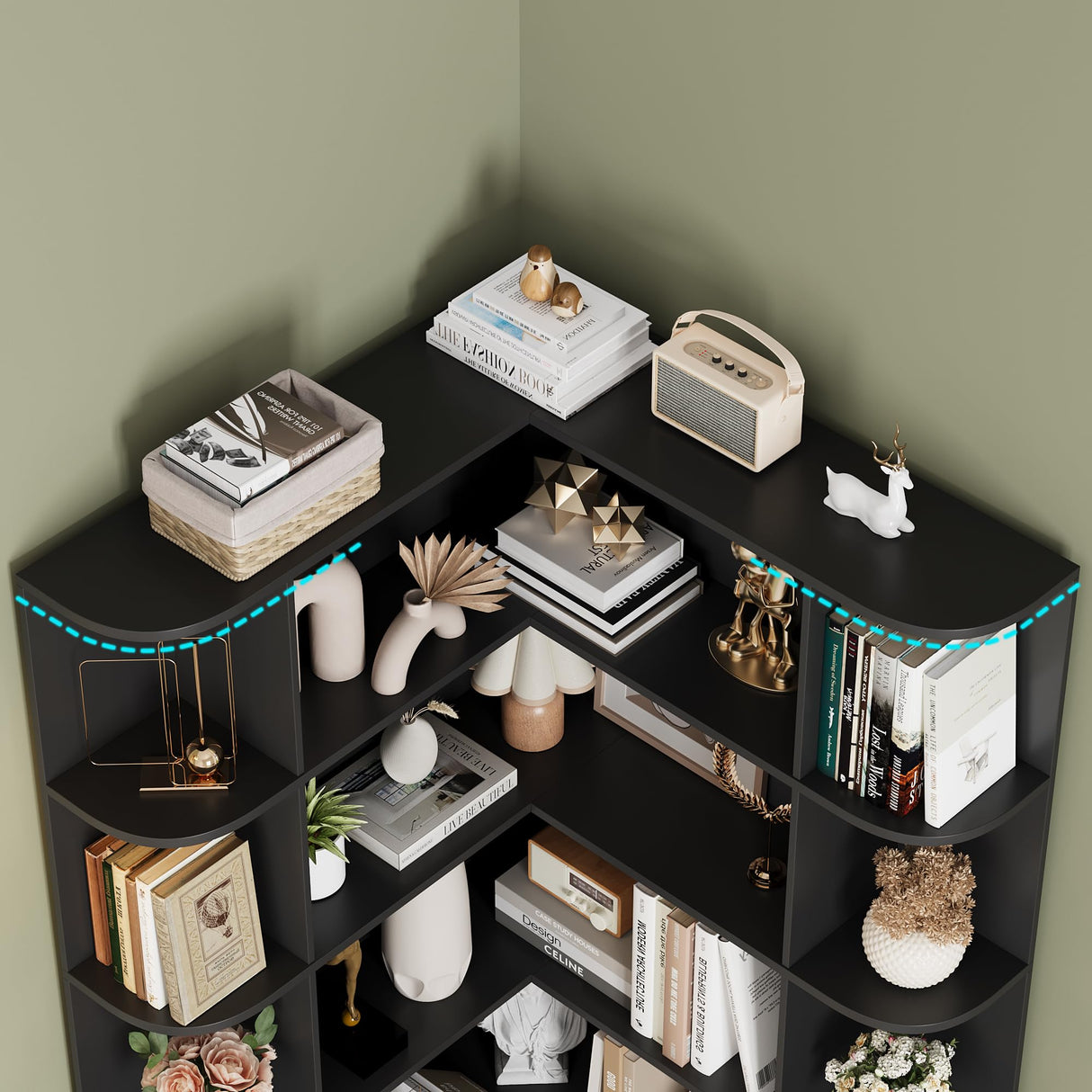 FOTOSOK 74” Tall Corner Bookshelf, 6-Tier Bookshelf and Bookcase with Open Storage, L Shaped Tall Bookcases Wooden Storage Shelves for Home Office, Thickened Boards for Better Load Bearing, Black FOTOSOK