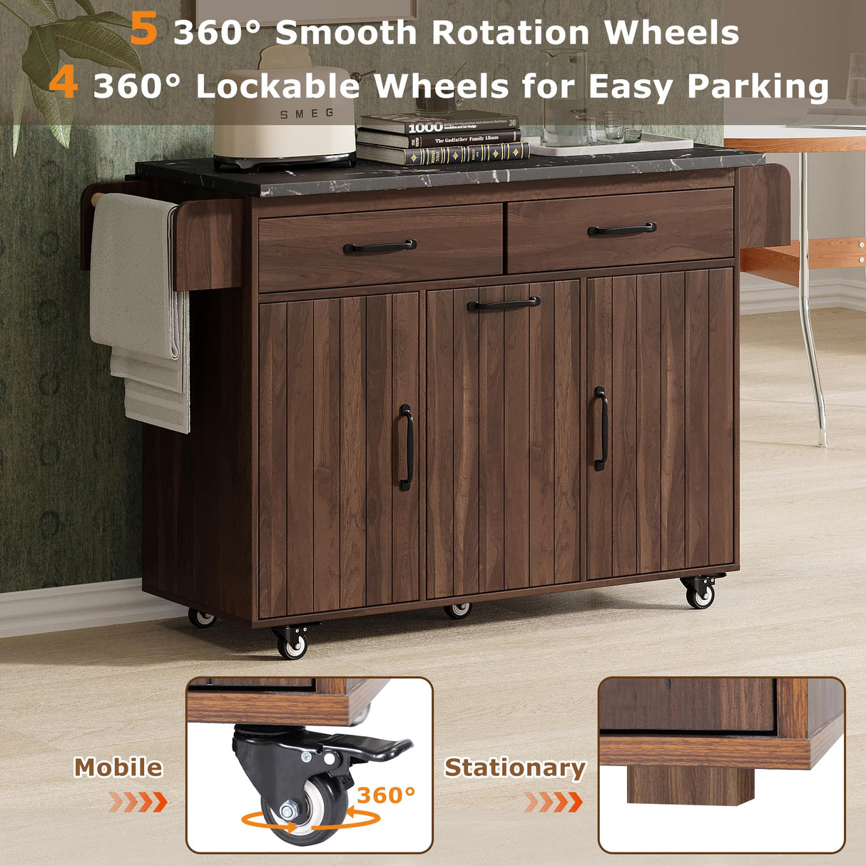 mixtavie Kitchen Island with Trash Can Storage Cabinet, Kitchen Cart with Drop Leaf, Spice Rack, Towel Rack and Drawer, Rolling Kitchen Island on Wheels with Adjustable Shelf, Walnut Brown mixtavie