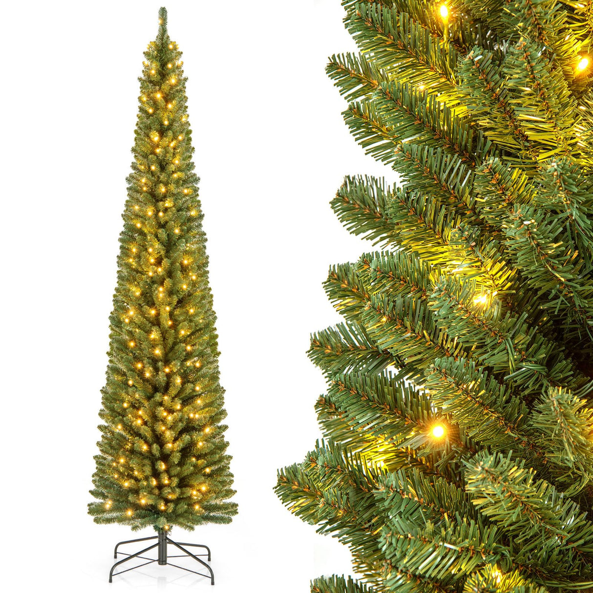 Goplus 8ft Pre-Lit Slim Pencil Christmas Tree, Artificial Skinny Xmas Tree with Quick Shape Technology, 671 Lush Branch Tips, 250 Warm White LED Lights, Slender Holiday Tree for Home Office Decoration Goplus