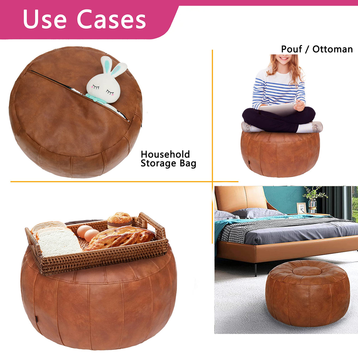 Thgonwid Unstuffed Handmade Moroccan Round Pouf Foot Stool Ottoman Seat Faux Leather Large Storage Bean Bag Floor Chair Foot Rest for Living Room, Bedroom or Wedding Gifts (Light Brown) Thgonwid