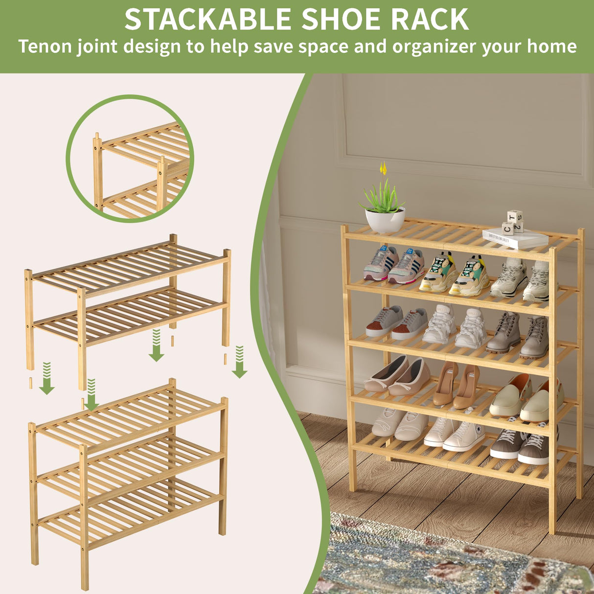ROMGUAR CRAFT 3 Tier Bamboo Shoe Rack for Closet Free Standing Wood Shoe Shelf Storage Organizer for Entryway Small Space Stackable 27"x11"x20" (Natural) ROMGUAR CRAFT