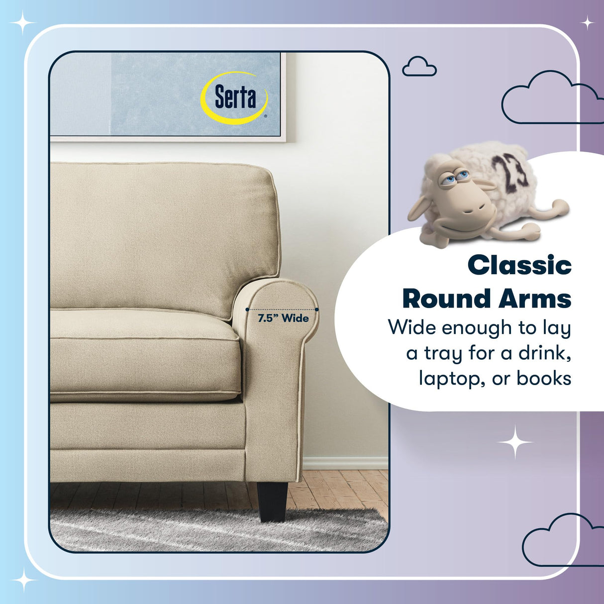 Serta Copenhagen Rolled Arm Sofa, Easy Care Polyester, Soft Pillow Back, Pocket Coil Seat Cushions, Removable Covers, Couch for Small Spaces, Living Rooms or Bedrooms, 61" Loveseat, Tan Serta