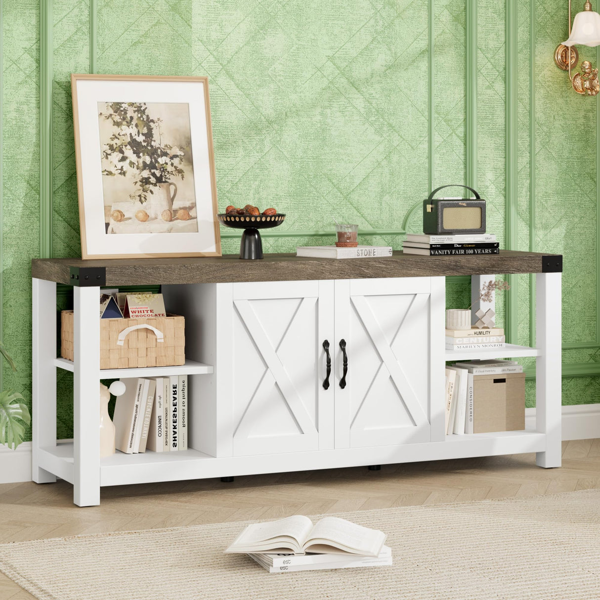 TV Stand for 65 Inch TV, 60 Inch Entertainment Center with Storage, Farmhouse TV Console Table with Shelves, Wooden Media Console Cabinet with Doors, Modern TV Stand for Living Room, Bedroom - White IDEALHOUSE