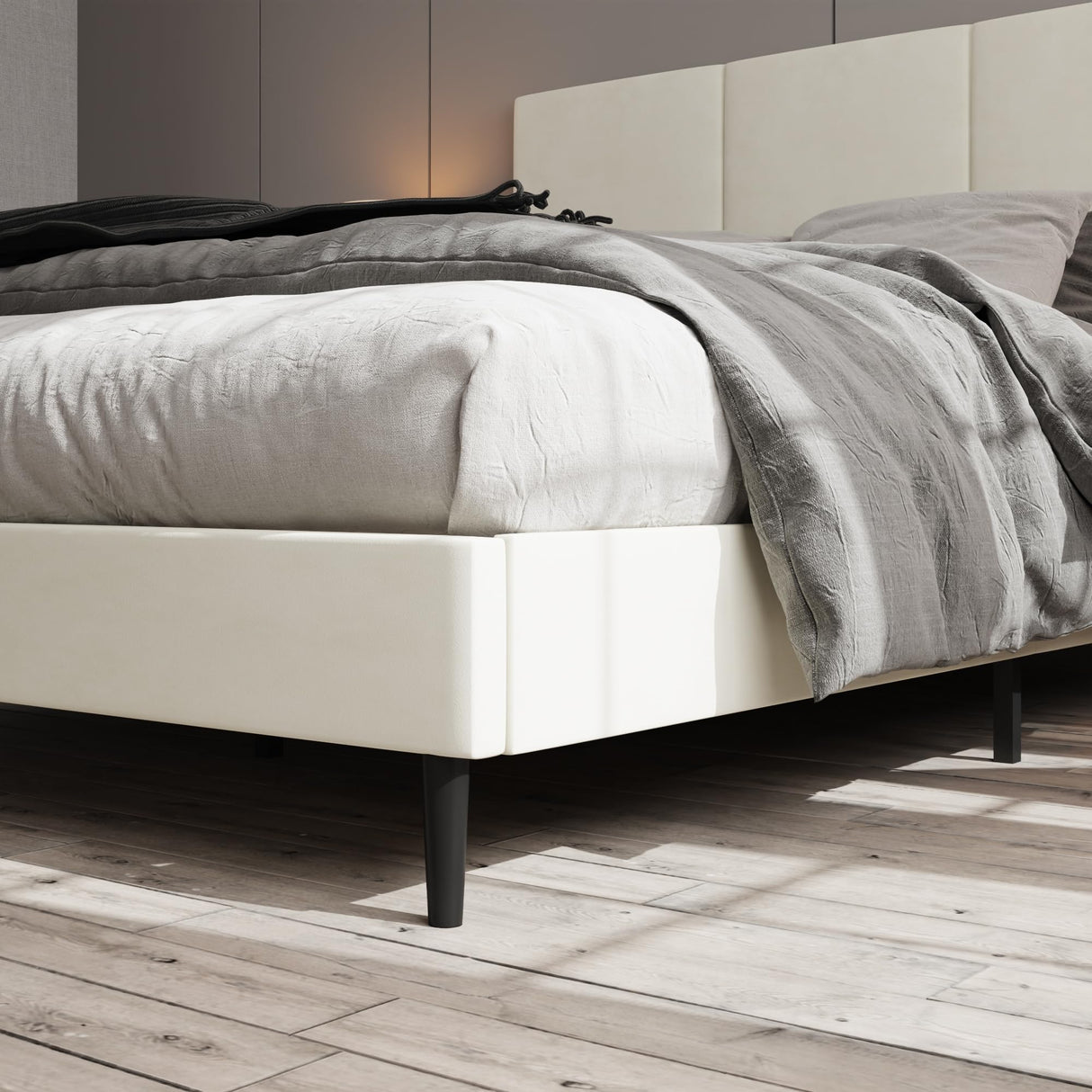 IOILORI Queen Size Bed Frame with Headboard, Vertical Channel Tufted Heavy Duty Queen Platform Bed Frame, No Springs Required, Easy to Assemble, Beige IOILORI