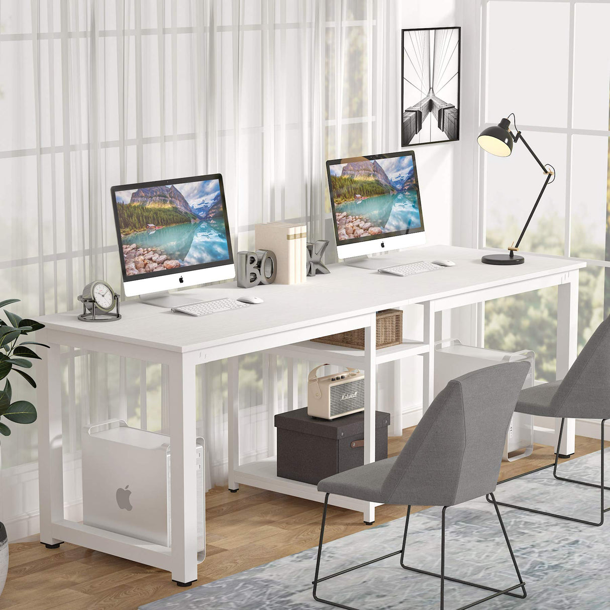 LITTLE TREE 78 Inch Home Office Desks for 2 Person, Extra Long Writing Workstation for Two Person Desk, Double Computer Gaming Table with Storage, White LITTLE TREE