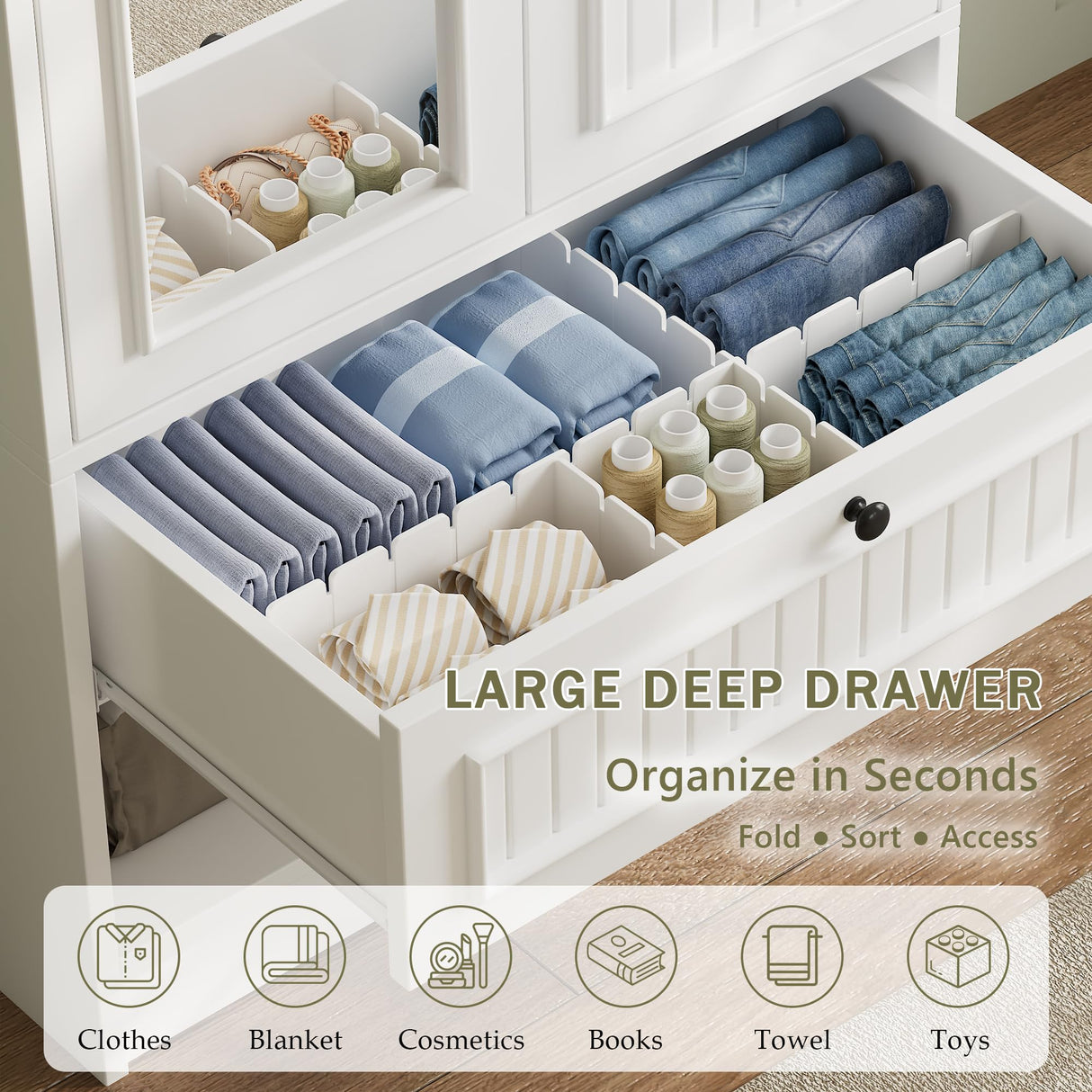 iPormis Wood Armoire Wardrobe Closet with Mirror Door and Drawer, 2 Doors Bedroom Storage Cabinet for Hanging Clothes, White iPormis