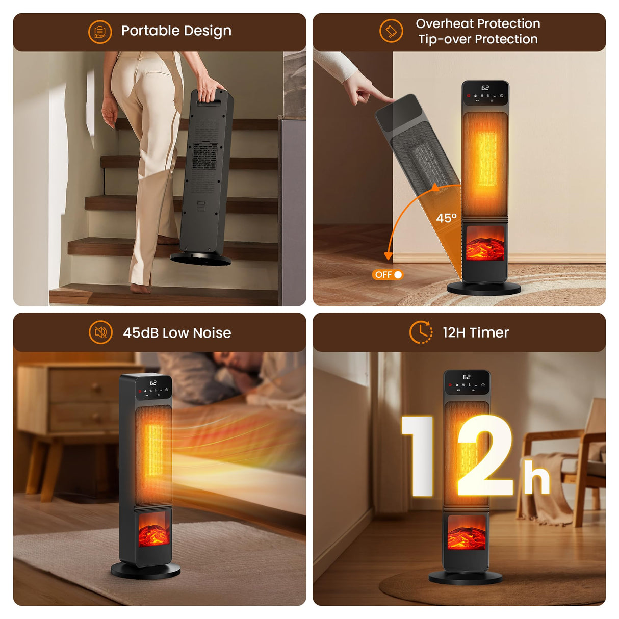 Space Heater, 1500W Electric Fireplace Heaters Indoor Portable with Child Lock & ECO Mode, PTC Ceramic, 3D Flame, 12H Timer, Remote Control, 70° Oscillation, Heating & Fan Modes for Home & Office Riseon