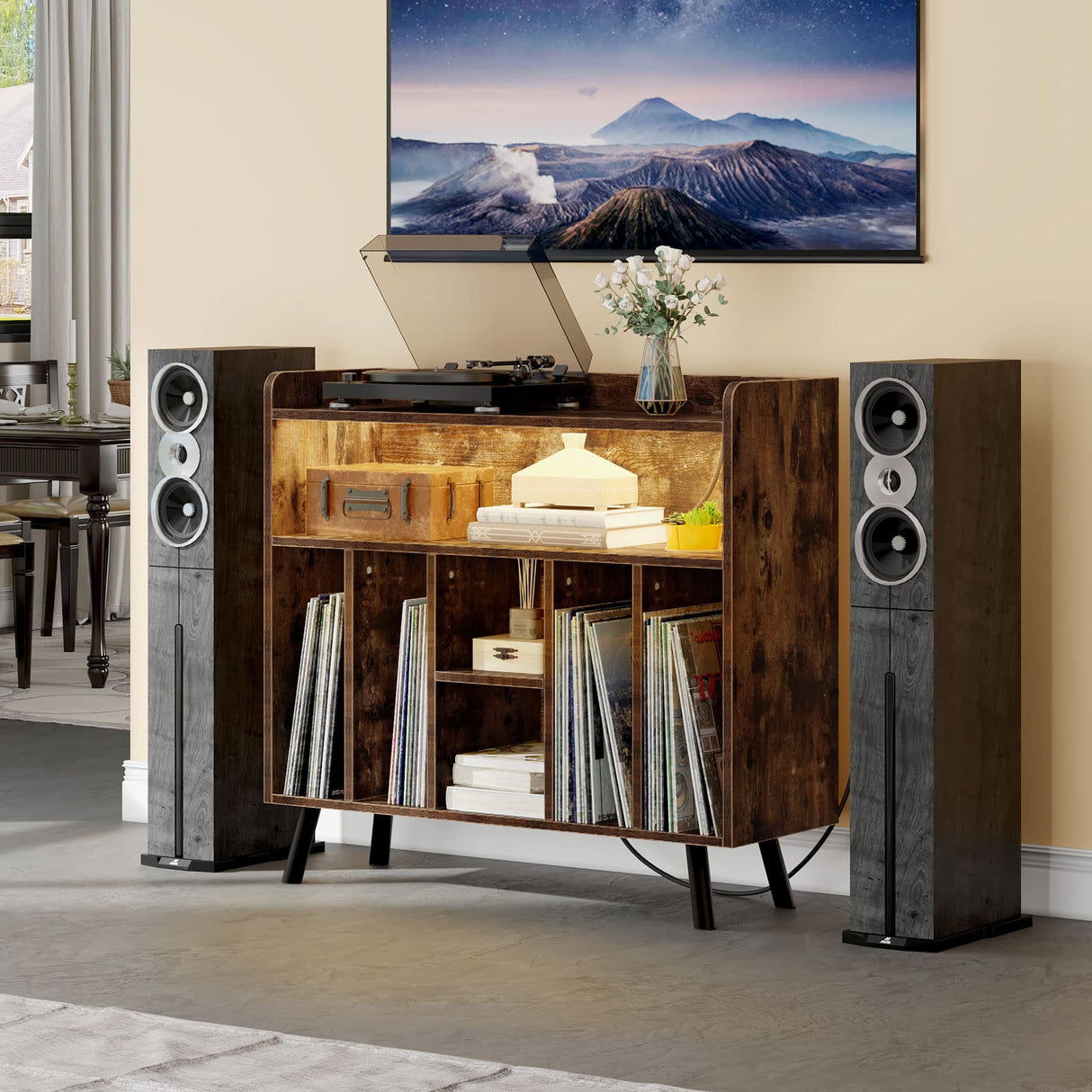 YITAHOME Record Player Stand with Power Outlets and LED Lights Holds Up to 130 Albums, Record Player Table with Storage, Vinyl Record Storage with Solid Legs for Living Room, Bedroom, Brown YITAHOME