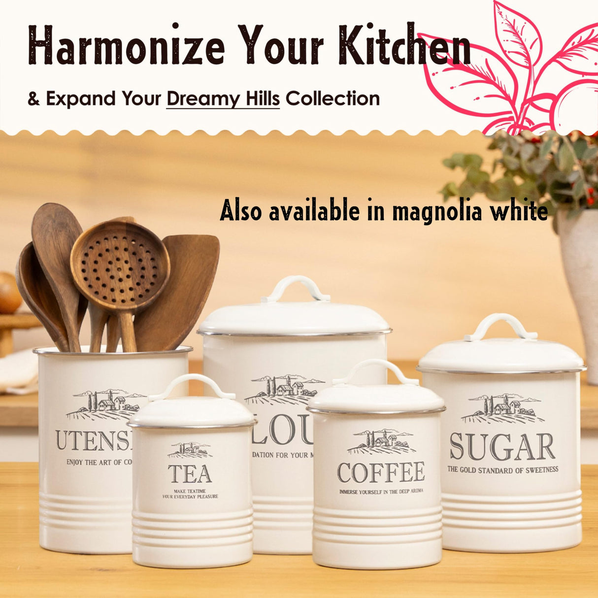noonberry Canisters for Kitchen Counter, Set of 5 Black Containers, Airtight Coffee Tea Flour Sugar Canisters Sets for the Kitchen Countertop & Kitchen Utensil Holder noonberry