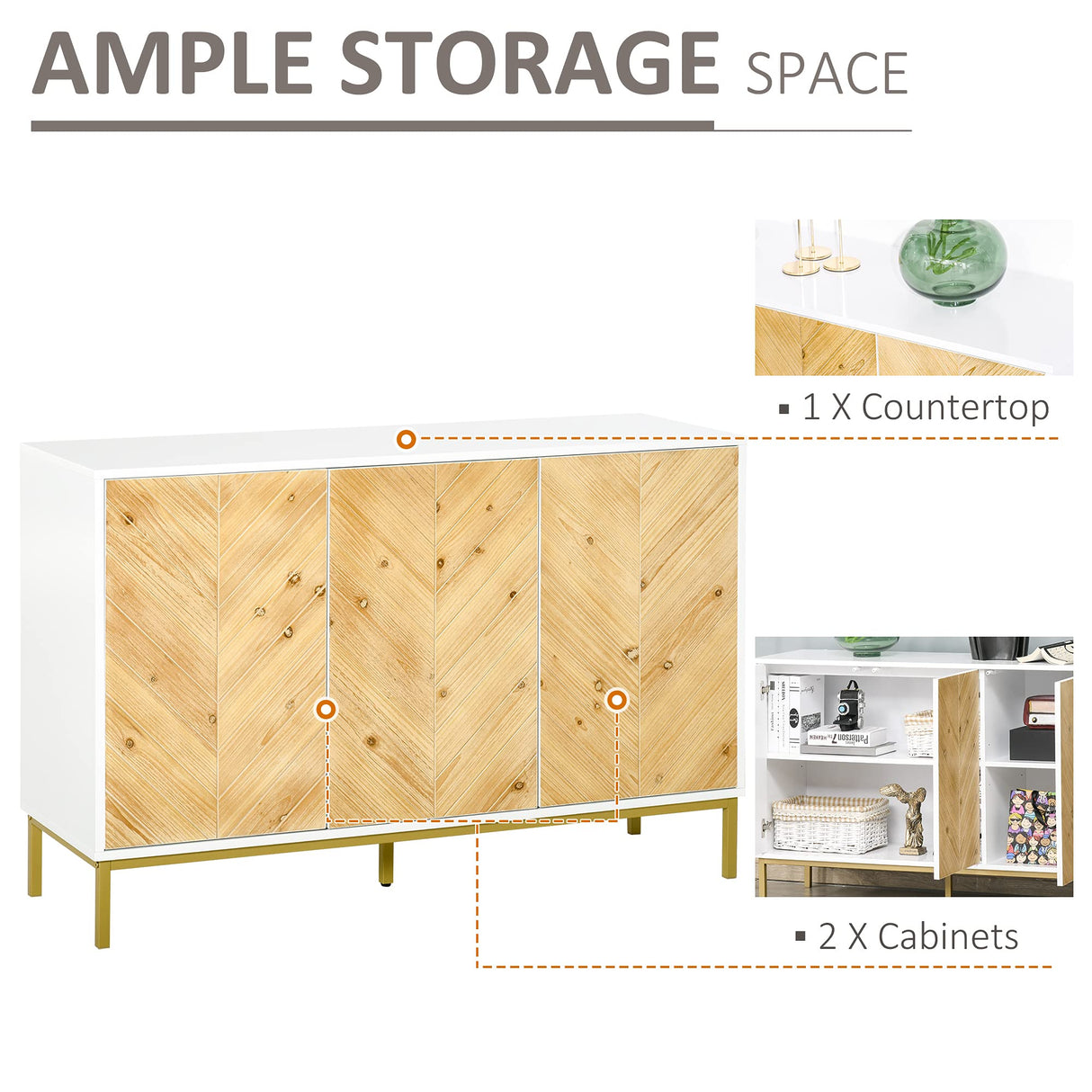 HOMCOM 3 Door Sideboard Buffet Cabinet, Kitchen Cabinet, Coffee Bar Cabinet with Chevron Pattern, Adjustable Shelf and Metal Legs, Natural Wood HOMCOM