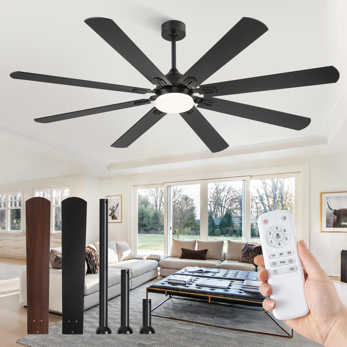 Fanbulous 72 Inch Ceiling Fans with Lights, Black Modern Ceiling Fan with Remote,Large Farmhouse Indoor & Outdoor Ceiling Fan with 8 Dual Finish Blades, Quiet DC Motor, Bright LED Light Fanbulous