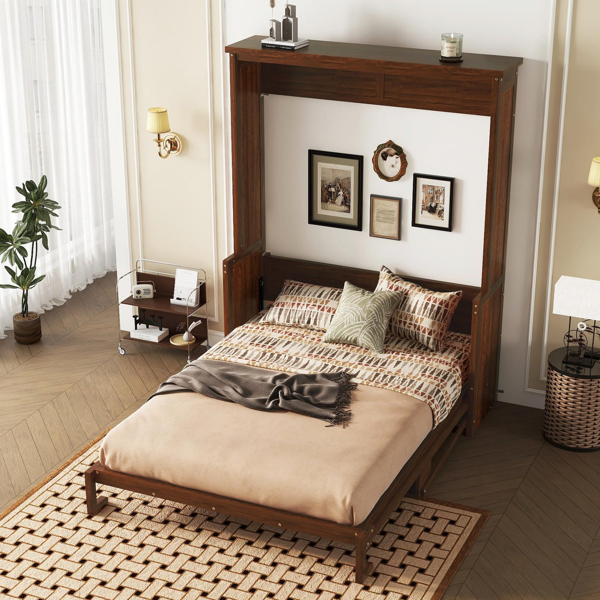 PVWIIK Queen Size Murphy Bed with Storage Shelf & Support Plate for Adult,Girls,Boys,Wood Hidden Wall Bed Cabinet,Space-Saving,No Box Spring Needed, Walnut PVWIIK