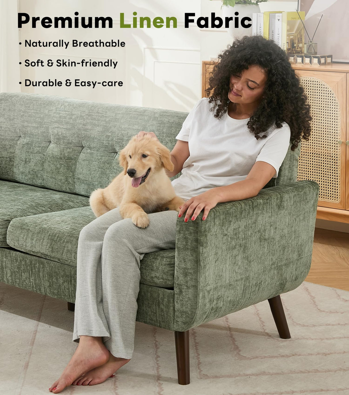 Tbfit 77.2" W Linen Sofa Couch, Mid Century Modern Decor Loveseat Couches for Living Room, Button Tufted Upholstered Small Couch for Bedroom, Solid, and Easy to Install Love Seats Furniture, Green Tbfit