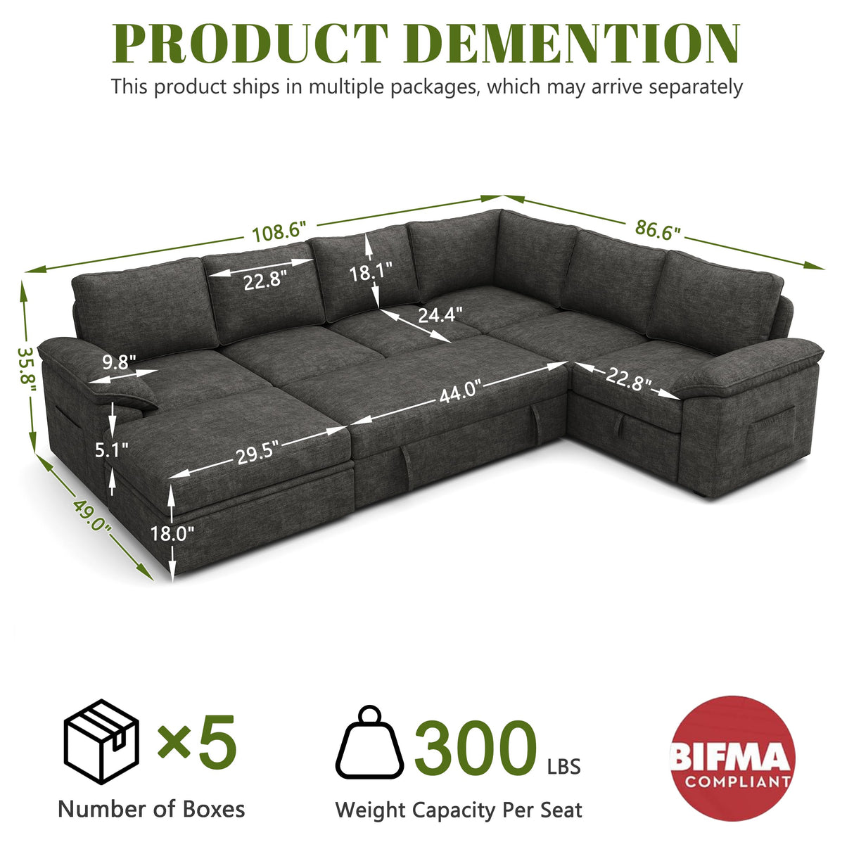 SUAWY 108 Inch Sectional Sleeper Sofa with Pull Out Bed,U Shaped 7 Seat Modular Sectional Sofa with Storage,Sectional Couches for Living Room,Cloud Modular Couch,Removable Sofa Cover,Dark Grey SUAWY