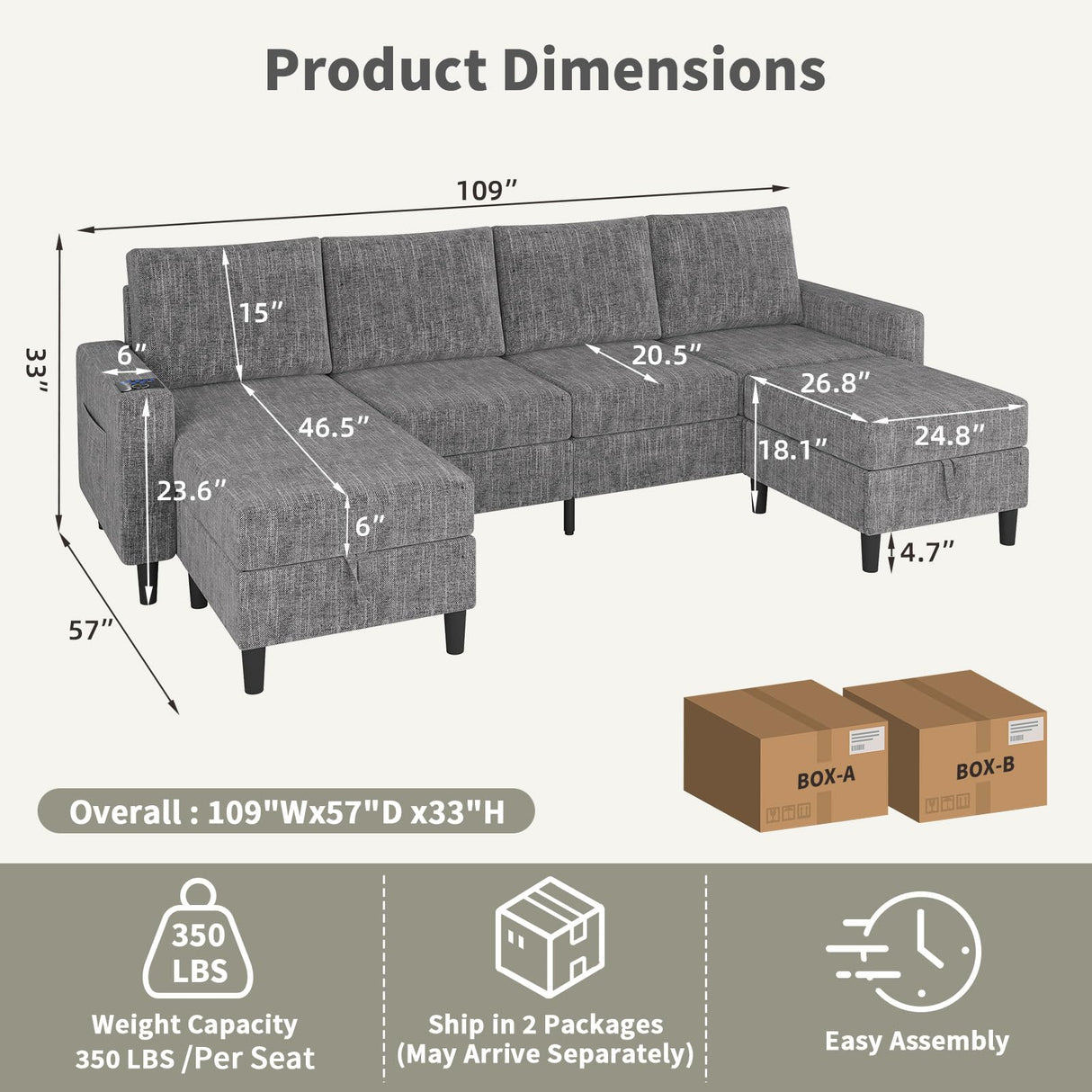 Sectional Couches for Living Room, 6-Seats Soft Linen Fabric Sectional Sofa with Storage Ottoman, Modern Convertible U/L Shaped Couch with Smart Charging Module/LED Light/Music Sync (Light Grey) BULAIMEIKEEY