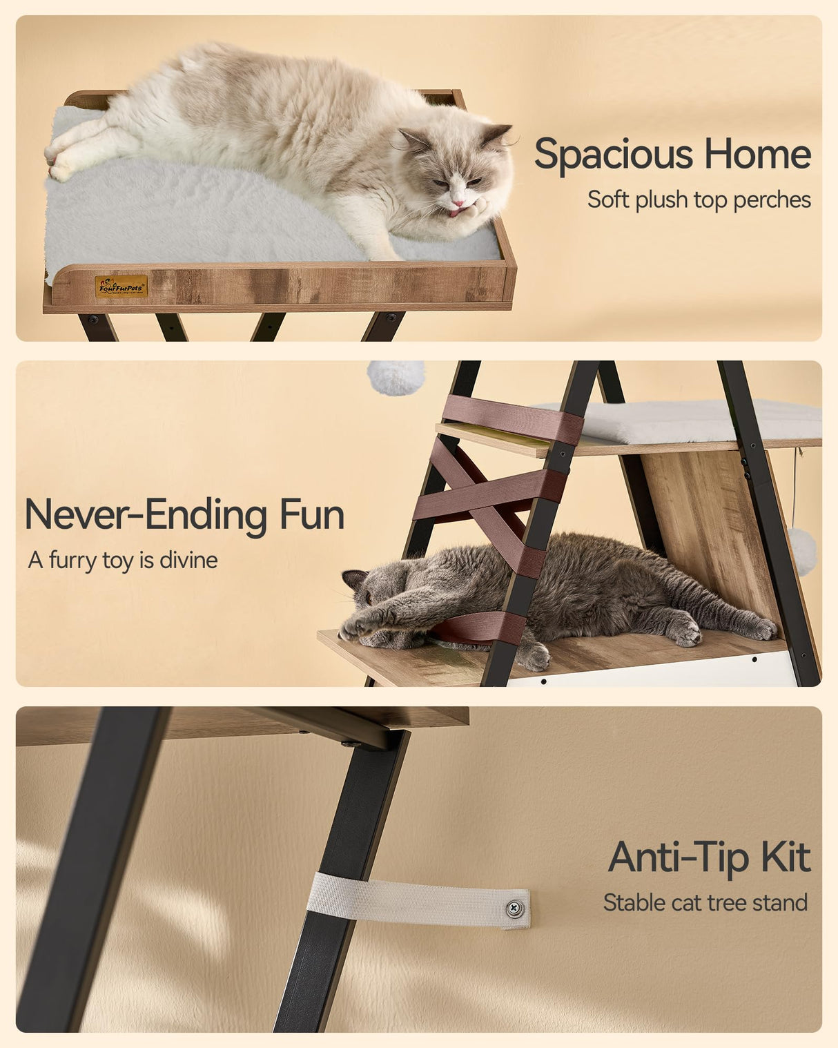 FourFurPets 72.4" Cat Tree, Modern Cat Tower for Indoor Cats, Multi-Level Cat Condo with Caves, Tall Cat Tree with Cat Scratching Board, Wooden Cat Tower with Large Perch, Removable Pads, Camel Brown FourFurPets