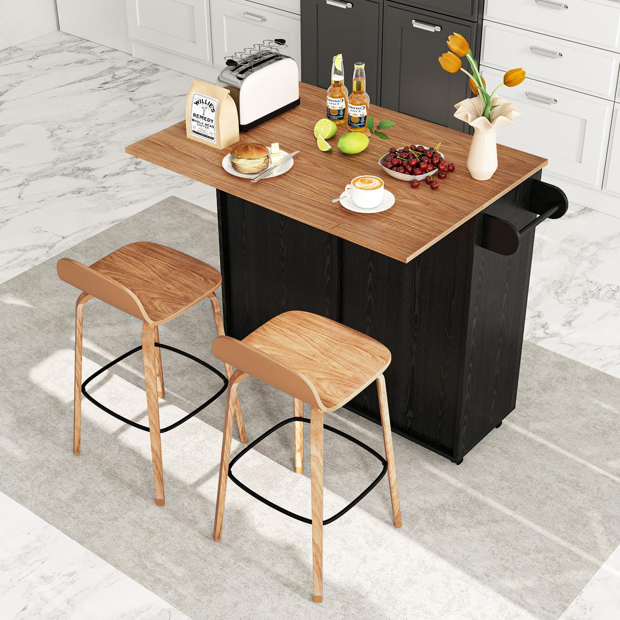 Giantex Kitchen Island Cart with Hidden Tilt Out Trash Can Cabinet, Drop Leaf, 2 Drawers, Towel Rack, Rolling Mobile Breakfast Bar Table, Wood Kitchen Storage Cart on Wheels (Black & Natural) Giantex