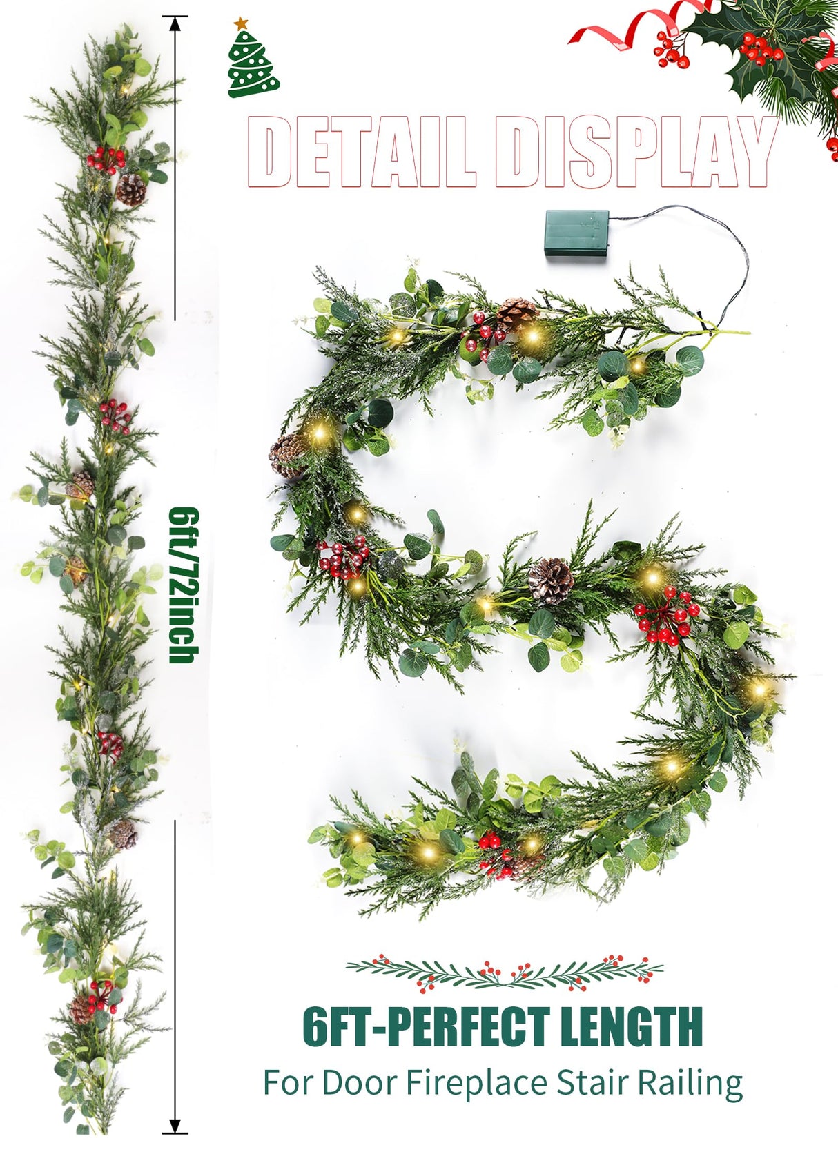 Brightown Pre-lit Christmas Garland with Lights, 6 Feet 20 LED Battery Operated Christmas Lights with Pine Cones, Berry, Eucalyptus Leaves, Indoor Christmas Decorations for Stairs, Fireplace, Door Brightown