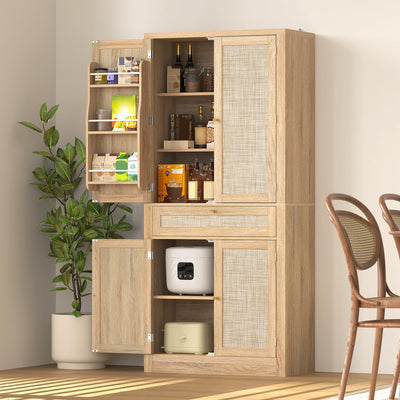 Bigbiglife Kitchen Pantry Cabinet with Rattan Doors, 70'' Tall Pantry Cabinet, Freestanding Cupboard, Adjustable Shelves, for Kitchen Dining Room (Natural Oak)