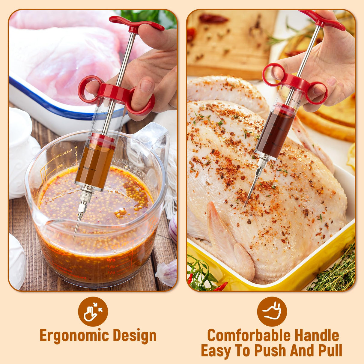 Kingsmile Meat Injector, Turkey Injector Syringe - 3 Needles for BBQ Grill, 1oz Meat Injector Syringe, Injector Marinades for Meats, Meat Injectors for Smoking 1 Cleaning Brush Easy to Use & Clean Red Kingsmile