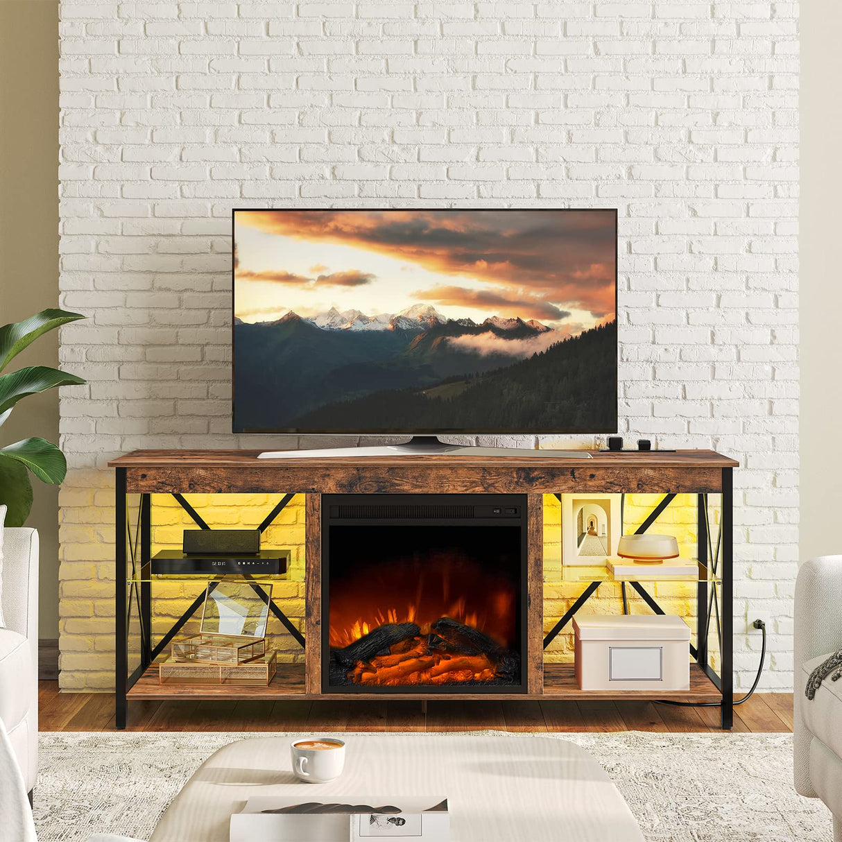 HOOBRO Fireplace TV Stand with Led Lights and Power Outlets, Wooden Media Entertainment Center Console Table with Glass Shelves, Fireplace TV Console for TVs up to 65", Rustic Brown BF140UDDS01 HOOBRO