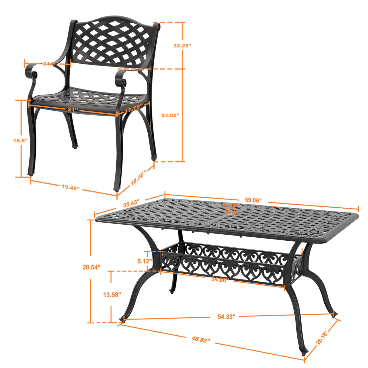 NUU GARDEN 7 Pieces Outdoor Patio Dining Sets, Cast Aluminum Rectangle Patio Table with Umbrella Hole and 6 Bistro Chairs, Armrest Dining Chairs and Bistro Table for Balcony, Backyard, Black NUU GARDEN