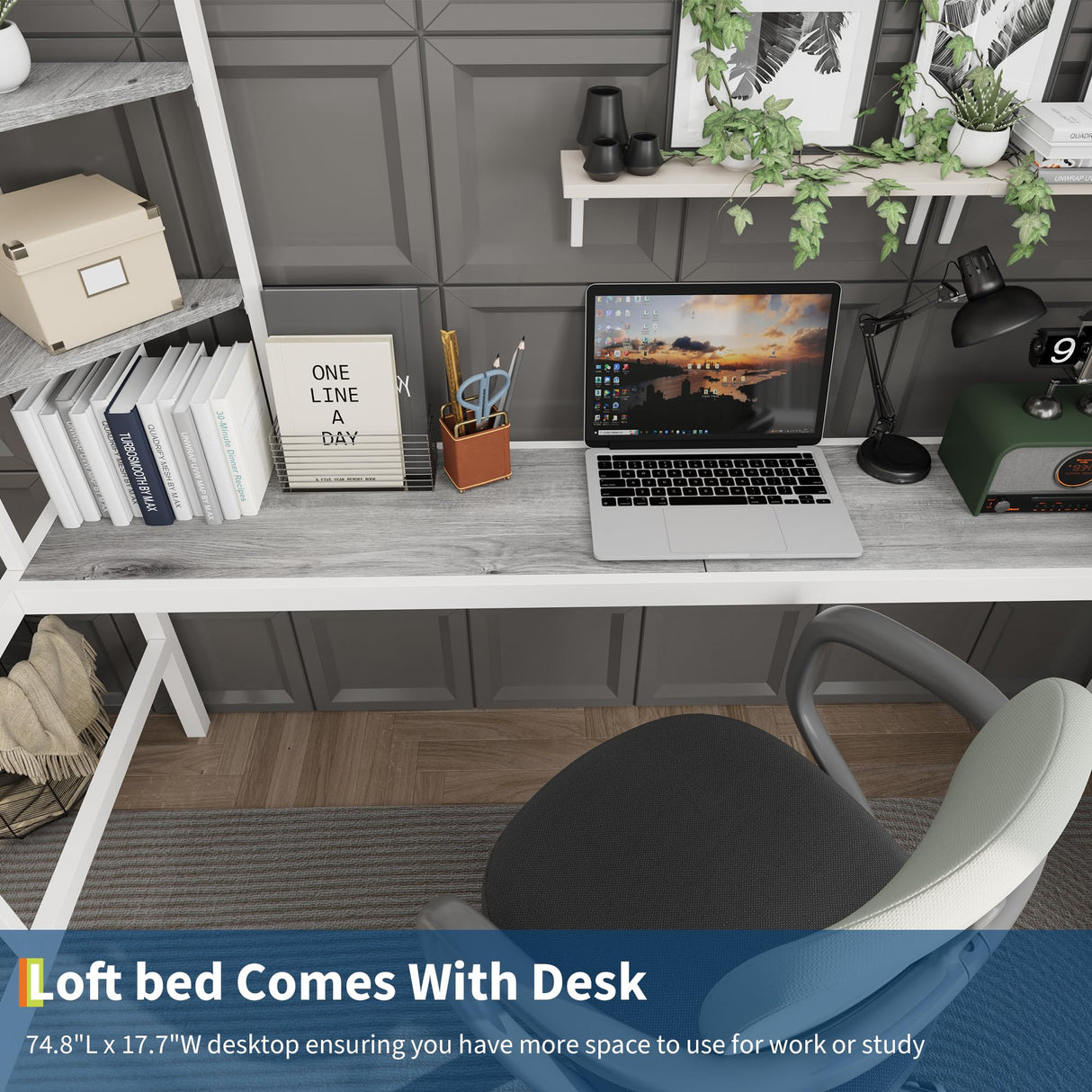 Garvee Twin Size Loft Bed with Large Desk and Storage Shelves, Heavy Duty Metal Loft Bed with Safety Guardrail and Ladder for Kids and Adults, Steel Slats Support, Space Saving, White and Gray Garvee