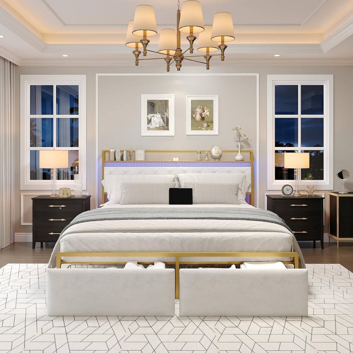 GarveeHome King Bed Frame with 2 Storage Drawers, LED Bed Frame with 2-Tier Storage Headboard&Charging Station, Metal Platform Bed Frame, No Box Spring Needed, Noise Free, White GarveeHome