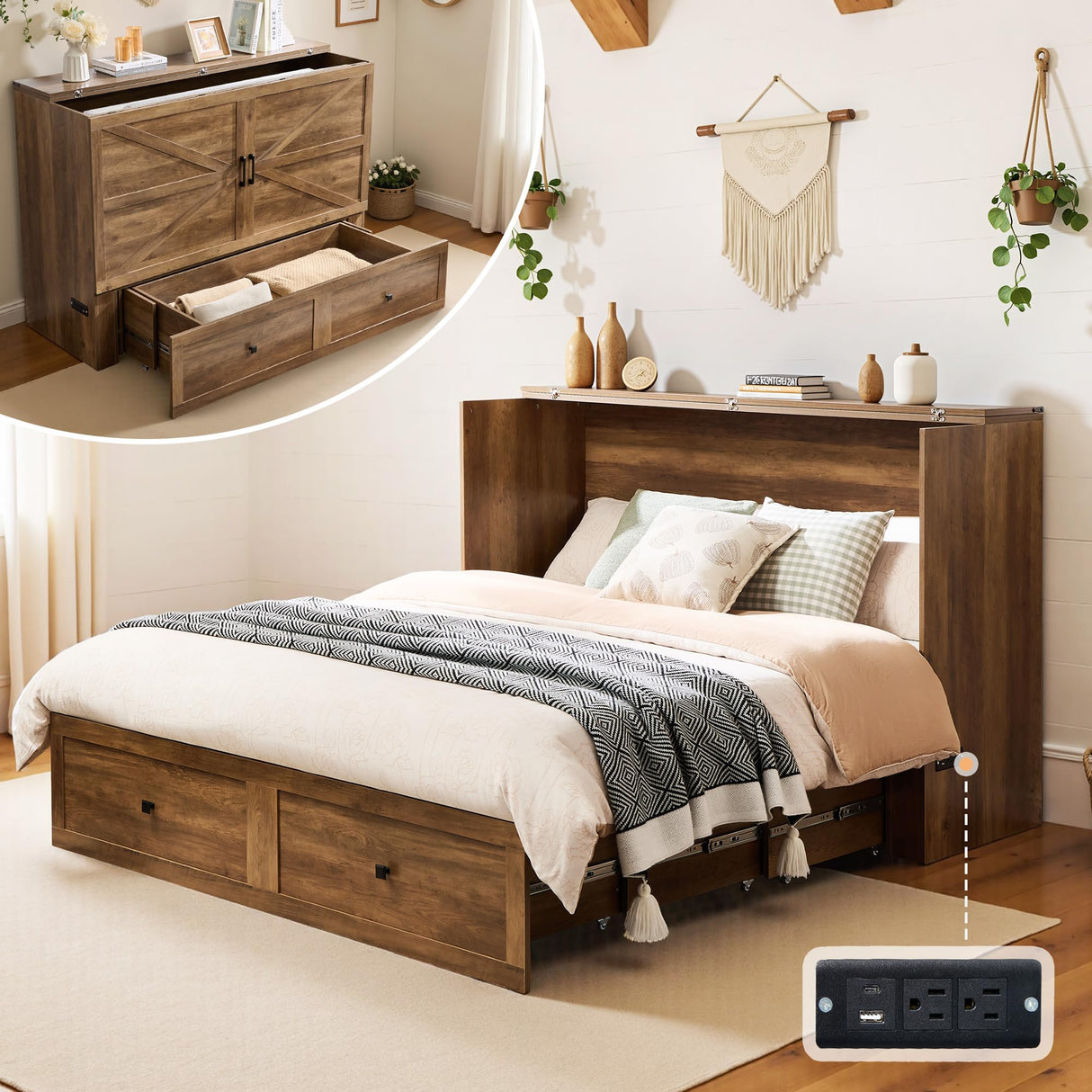 LUXOAK Queen Murphy Bed with Storage and Charging Station, Farmhouse Cabinet Bed, Noise-Free, for Guest Room, Apartment, or Office, Barnwood LUXOAK