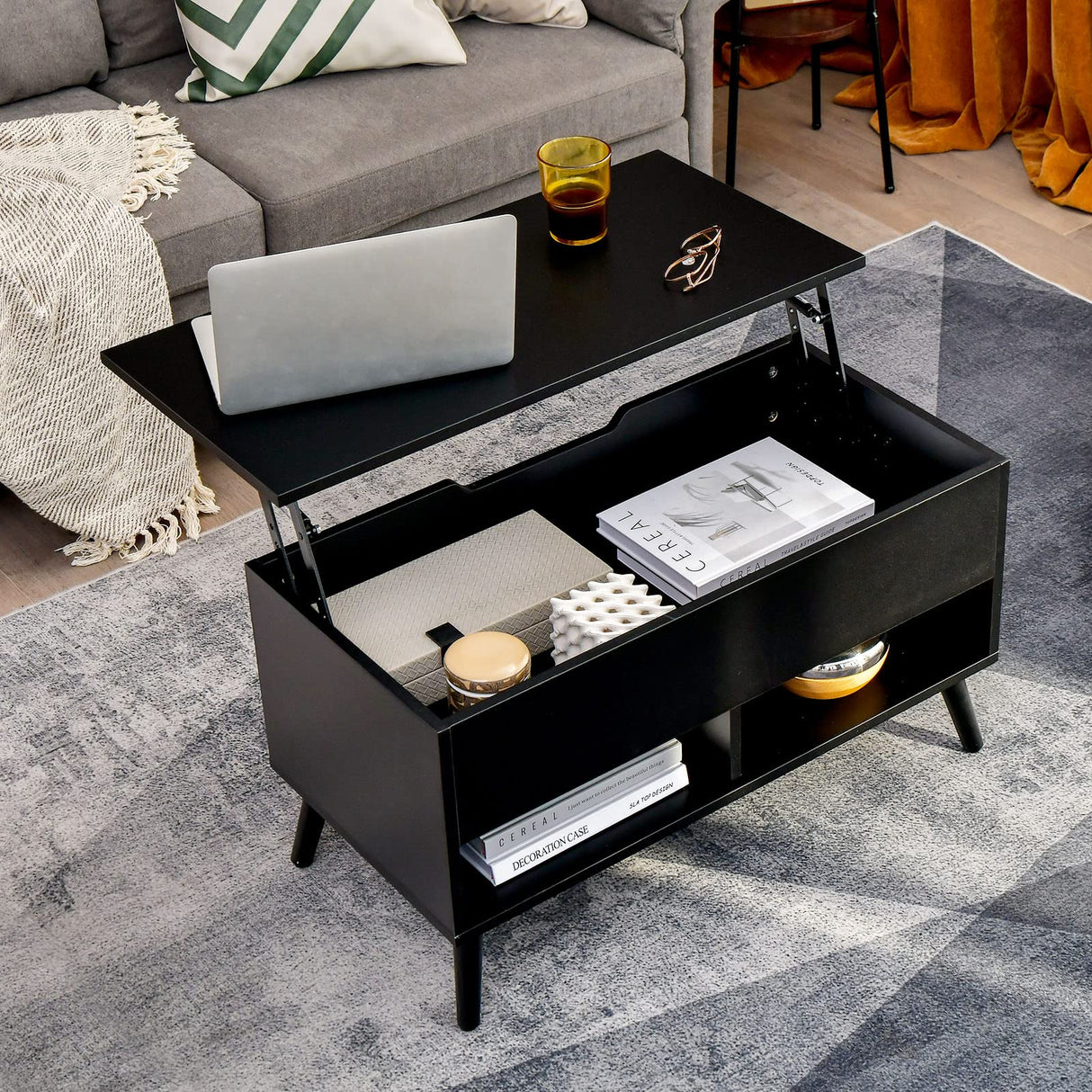 Tangkula Lift Top Coffee Table, Modern Cocktail Table with Hidden Compartment & 2 Open Shelves, Flip Top Center Table, Wooden Pull up Coffee Table for Living Room, Reception Room, Office (Black) Tangkula