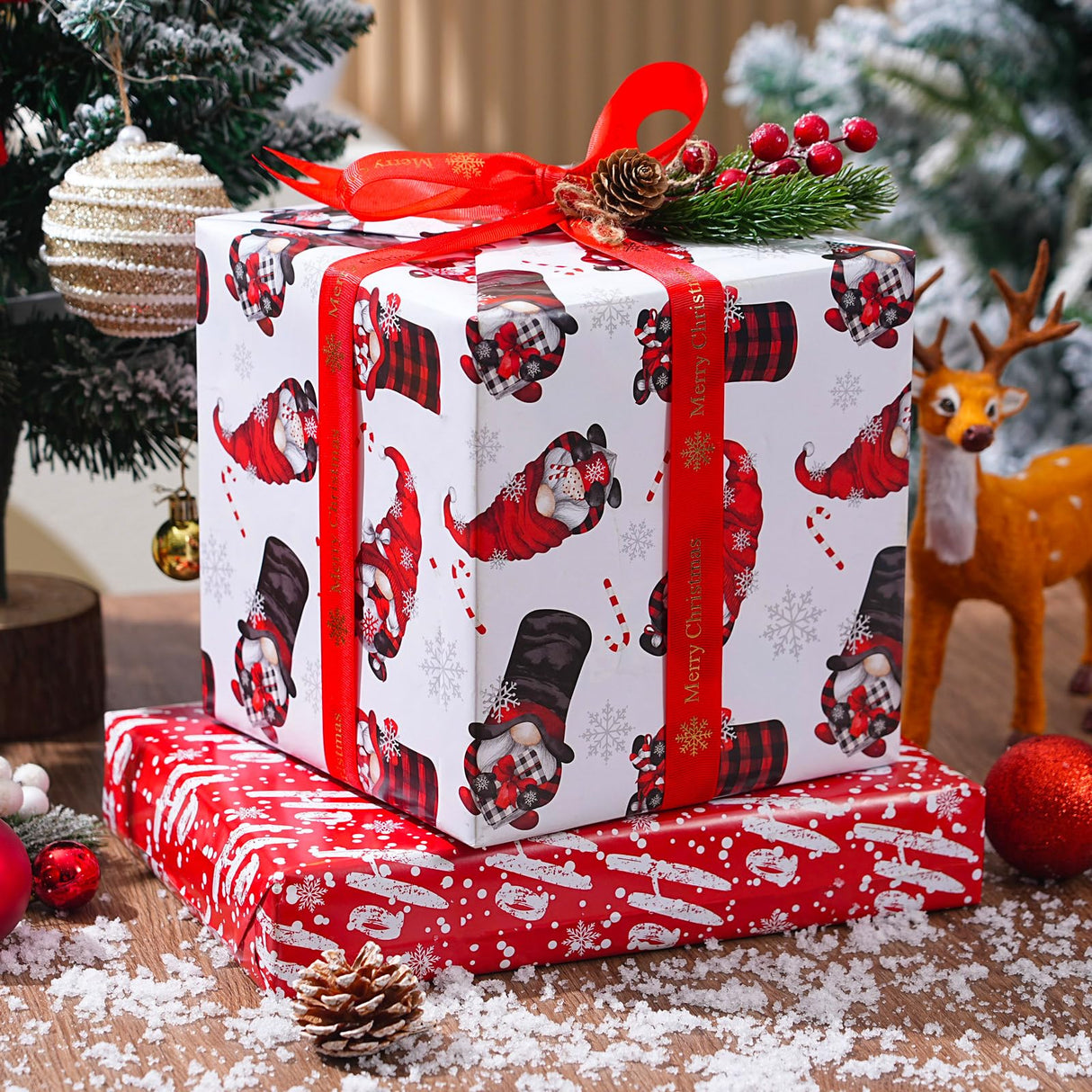ZINTBIAL Christmas Wrapping Paper for Kids Adults - Xmas Wrapping Paper with Red/Black Plaid, Reindeer, Gnome, “Ho Ho” Words - 28 x 40 Inches, 6 Jumbo Sheets, Easy to Store ZINTBIAL