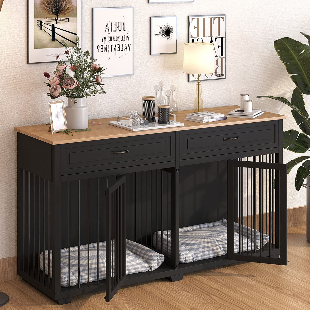DAWNSPACES Dog Crate Furniture, 72 Inch Heavy Duty Wooden Large Dog Kennel with Drawers & Divider, Indoor Furniture Style Dog Crate with Double Rooms for Large Medium Small Dogs, Black DAWNSPACES