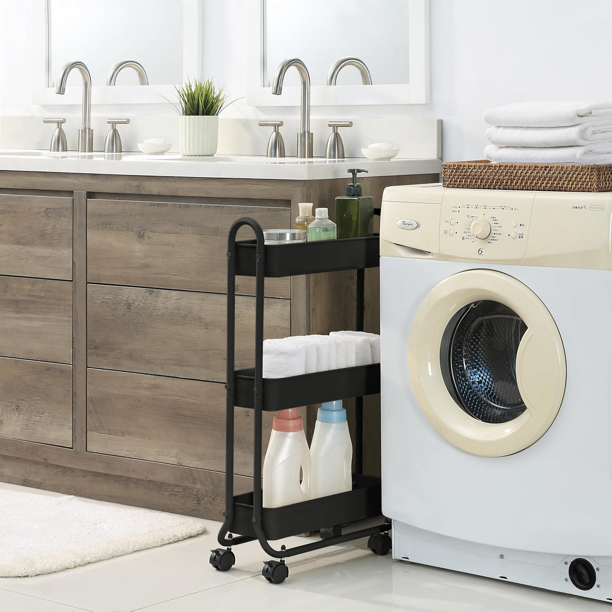 SunnyPoint Slim Rolling Storage Cart, 3 Tier Bathroom Storage Organizer Bathroom, Laundry Utility Cart (Black) SunnyPoint