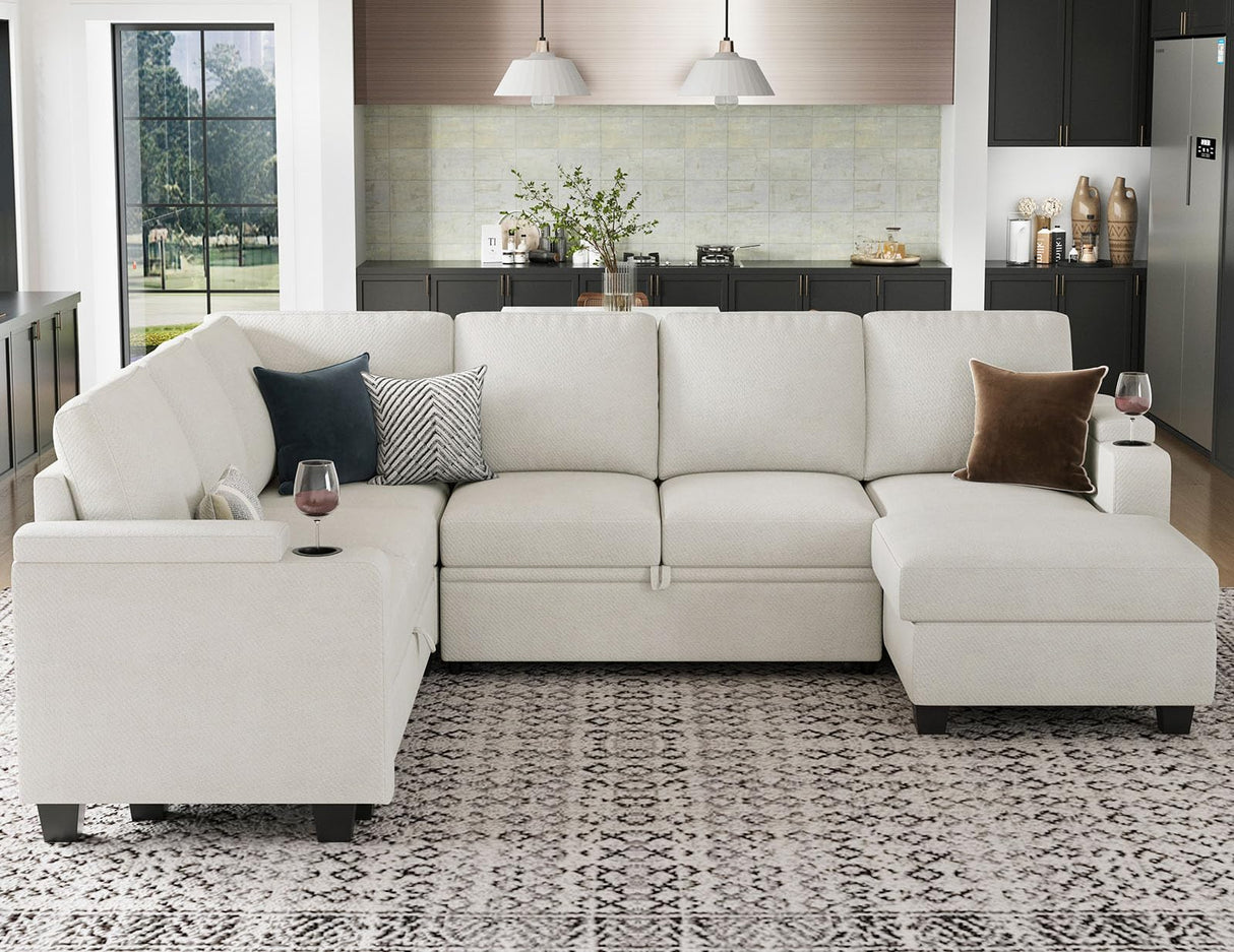 Belffin Sleeper Sofa Modular Sectional Pull Out Couch Bed U Shaped Sofa Couch for Living Room with Storage Chaise. White Belffin