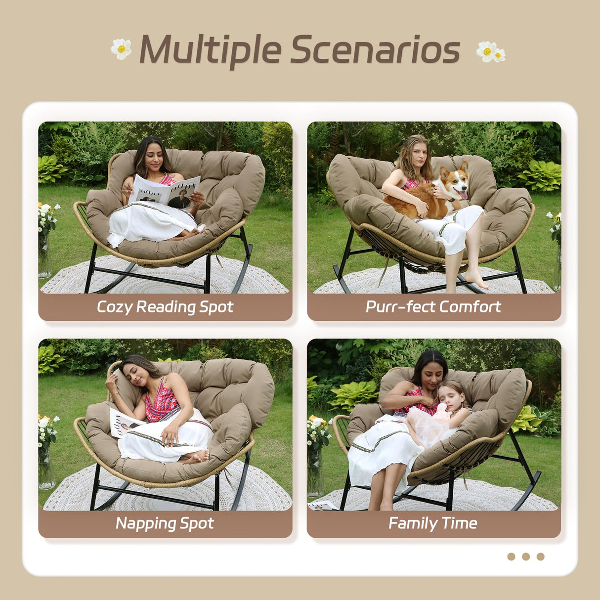 BULEXYARD Oversized Papasan Rocking Chair Indoor Outdoor 450lbs, Brown Wicker Royal Rocking Egg Chair with Brown Thick Cushion, Cozy Recliner Lounge Rocker for Balcony, Porch BULEXYARD