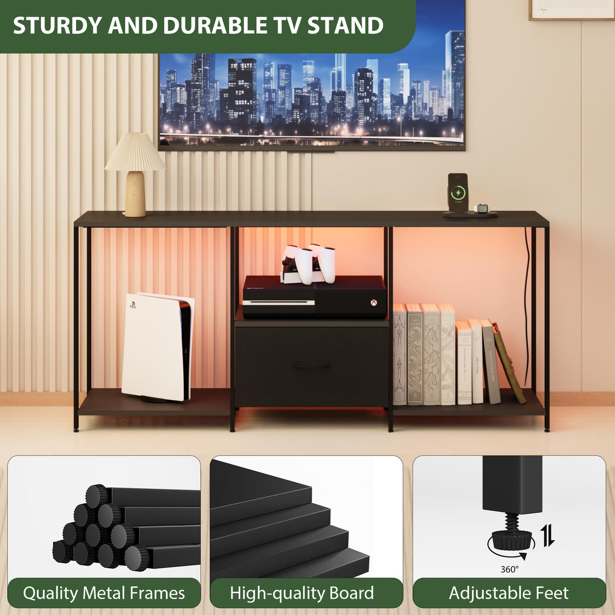 Amenitlif LED TV Stand with Open Shelves and Fabric Drawer, Entertainment Center with LED Lights, Media Console for 55" TV, Television Stands for Living Room, Bedroom Amenitlif